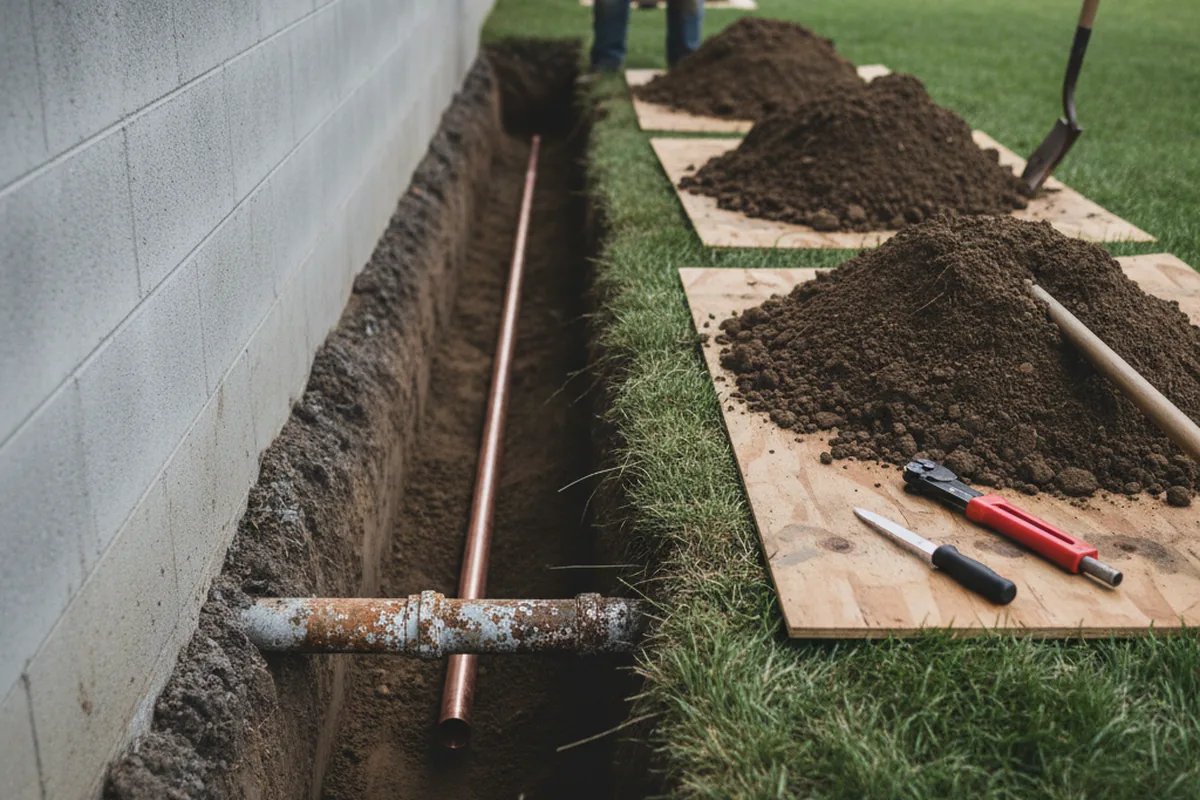 Excavated water line trench during Water Softener Installation in Imlay